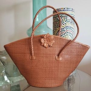 PAOLO MASI Basket Weave Leather Satchel  Cognac Tote Handbag  Made in Italy